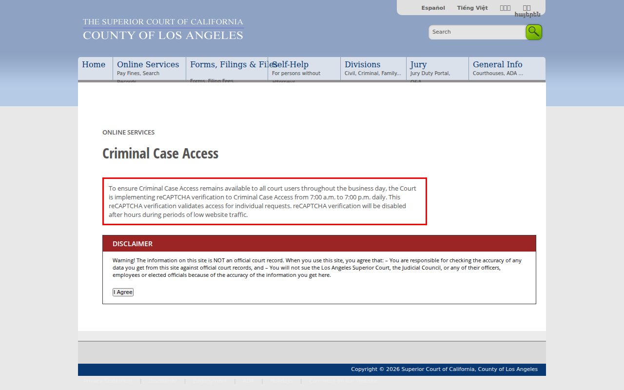 Agoura Hills public records LA Superior Court criminal case summary portal