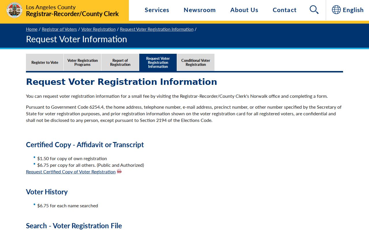 Agoura Hills voter registration records LA County voter information request page
