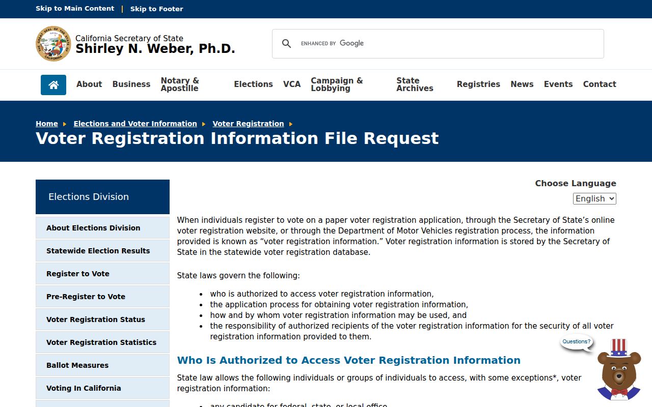 Agoura Hills voter registration records Secretary of State voter file request rules